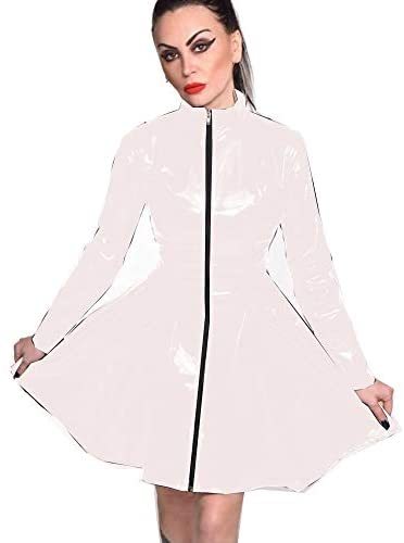 23 Colors Long Sleeve PVC Pleated Mini Dress Zipper Front Sexy Wetlook Clubwear
