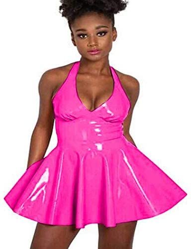 12 Colors Backless PVC Mini Dress Women Deep V-Neck A-line Dress