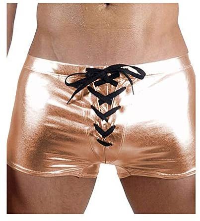 Men Skinny Lace Up Boxer Shorts Sexy Knickers Shiny Metallic Trunks