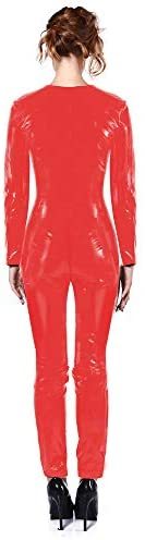 Women's Shiny Liquid Metallic Wet Look Zipper to Crotch Catsuit Leather Collarless Costume Bodysuit