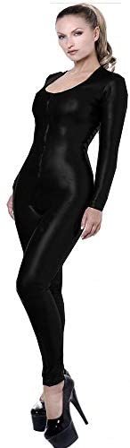 Plus Size Low Cut Zipper to Crotch Skinny Jumpsuit Lady Long Sleeve PVC Catsuit