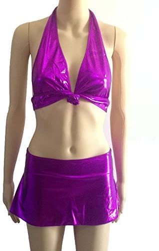 Women's Sexy Wet Look Unpadded Halter Bra Shiny Bikini Set Metallic Swimwear