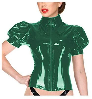 Plus Size Zipper Puff Sleeve Tops Lady Wet Look PVC Bodycon Blouse