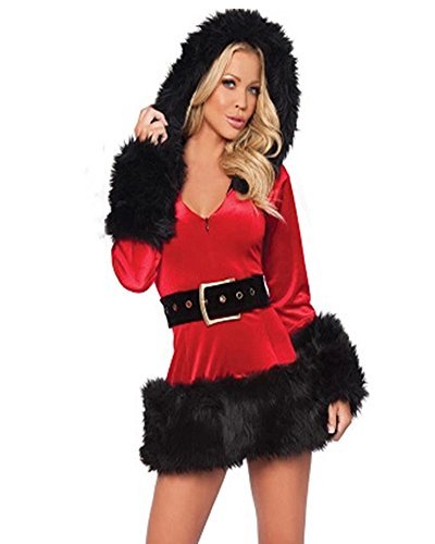 Women's Miss Santa Costumes Sexy Christmas Party Cosplay Hooded Dress