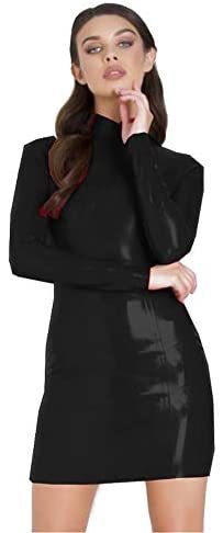 Long Sleeve Women Glossy PVC Mini Dress Zip Back Bodycon Clubwear