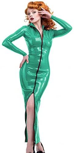 24 Colors Two Way Zip PVC Long Dress Lady Turn-Down Collar Vestido
