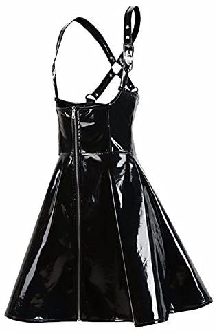 Women Shiny PVC Strap Dress Sexy Black Underbust Clubwear A Shape Mini Dress