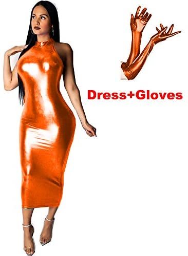 Plus Size Shiny Long Dress Sexy Lady Sleeveless Pencil Dress+Gloves