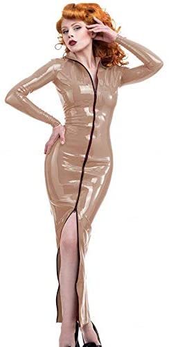 24 Colors Two Way Zip PVC Long Dress Lady Turn-Down Collar Vestido