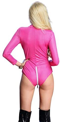 Women'sLong Sleeves Wet Look Zipped up Bodysuit Faux Leather Party Dress Lingerie