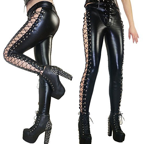 Women's Punk Rock Leggings Gothic Lace-up Bandage Black Sexy Slim Pants