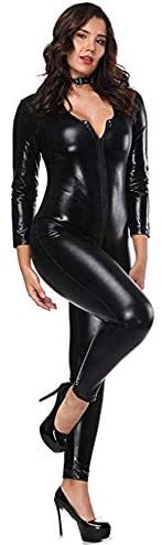 Women Ladies Plus Size Bodysuit Faux Leather Catsuit Double Zipper Catsuit Teddy Clubwear Jumpsuit