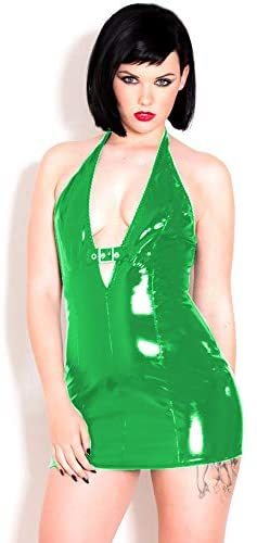 12 Colors Gothic PVC Halter Mini Dress Lady Deep V-Neck Belt Dress