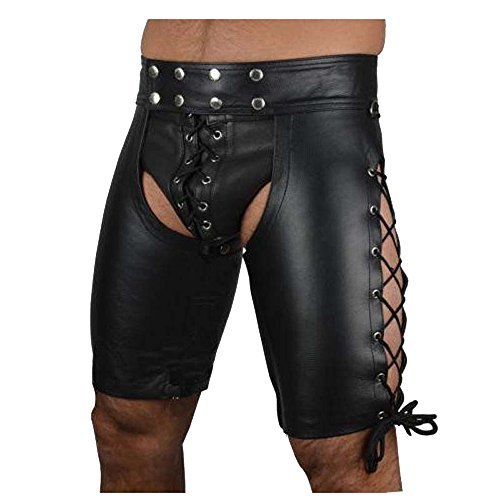 Men's Sexy Faux Leather Pants Open Butt Briefs Lace Up Boxer Shorts Underwear