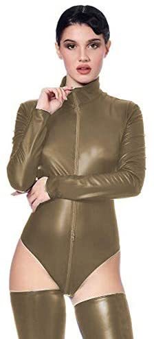 Plus Size Faux Leather Bodysuit Long Sleeve Catsuit with Stockings