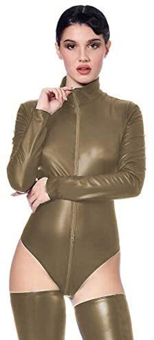 8 Colors Faux Leather Long Sleeve Bodysuit Women Crotch Zip Catsuit