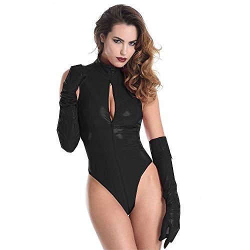 Plus Size PVC Catsuit High Cut Zipper to Crotch Bodysuit with Glove