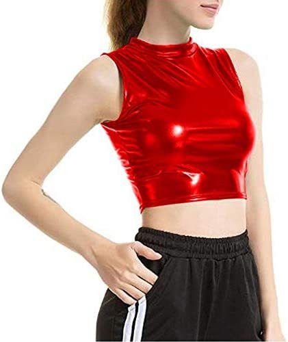 Plus Size O-Neck Slim Tops Lady Shiny Tank Tops Dancing Crop Tops