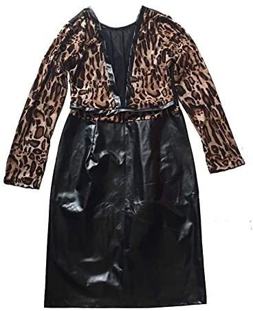 Women Sexy Faux Leather Dress Long Sleeve Leopard Print Bodycon Transparent Clubwear