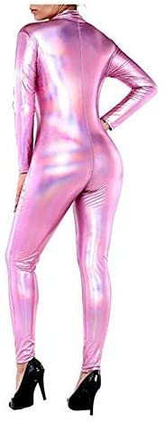 Holographic Long Sleeve Women Jumpsuit Novelty Bodycon Zip Catsuit