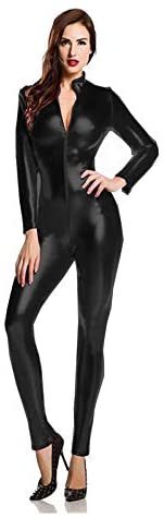 Zip Sexy Catsuit Women Stretchy Jumpsuit Metallic Catwoman Costume