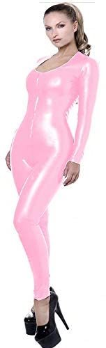 Plus Size Low Cut Zipper to Crotch Skinny Jumpsuit Lady Long Sleeve PVC Catsuit