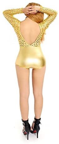 Women's Sexy Hollow Out Gold Catsuit Stripper Costume Backless Clubwear