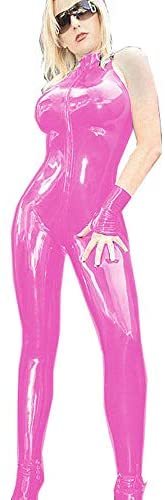 Sleeveless Zip PVC Catsuit Women High Neck Catwoman Slim Jumpsuit