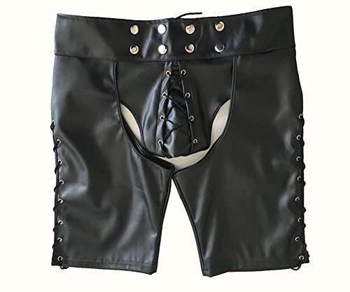 Men's Sexy Faux Leather Pants Open Butt Briefs Lace Up Boxer Shorts Underwear