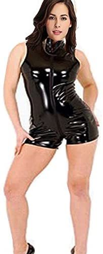 Women's Sexy Black Short Sleeve PVC Catsuit Zipper Front Front to Crotch