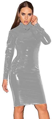 Plus Size Metal Ring Decor Neck Dress Lady Long Sleeve PVC Clubwear