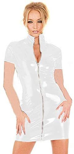 Plus Size Short Sleeves Vestido Zipper Stand Collar PVC Mini Dress