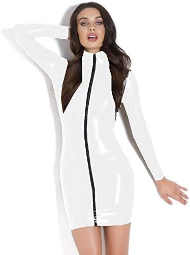 Plus Size Simple Long Sleeve Mini Dress Wet Look PVC Pencil Dress