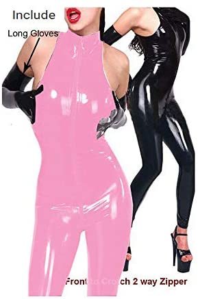 Open Crotch Sleeveless Catsuit Women Faux Leather Jumpsuit + Gloves