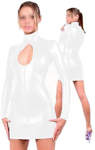 Plus Size Ladies Button Neck Zipper Dress Keyhole PVC Mini Dress