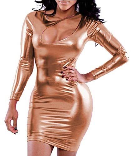 Keyhole Sexy Long Sleeve Mini Dress Women Shiny Metallic Clubwear