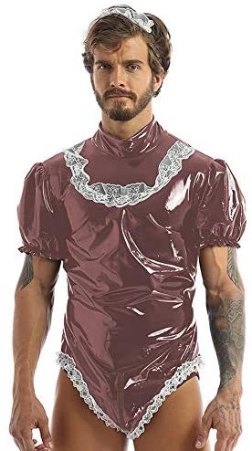 21 Color Sexy Men Maid Cosplay Costume Wetlook Puff Sleeve High Cut PVC Bodysuit