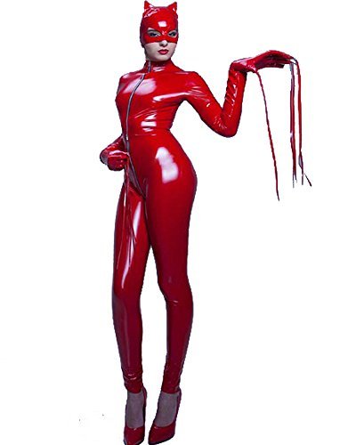 Black Red Mask Catsuit Women's Bodysuit PVC Jumpsuit Catwoman Cosplay Costume