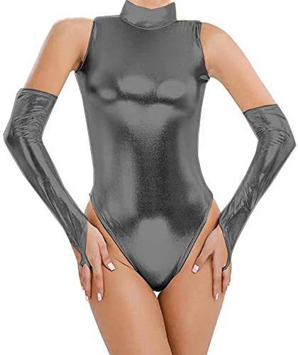 Plus Size Faux Leather Dance Bodysuit Lady High Cut Bodysuit+Gloves