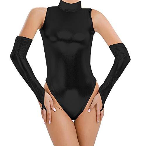 Plus Size Faux Leather Dance Bodysuit Lady High Cut Bodysuit+Gloves