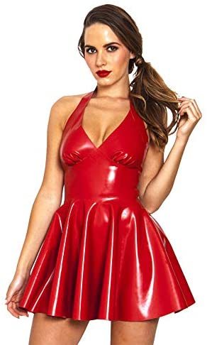 A-line PVC Dress Women Halter Mini Dress V-Neck Sleeveless Dress