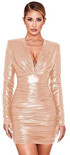 Plus Size Fashion Pleated Mini Dress Women V Neck Wrinkle Slim Dress