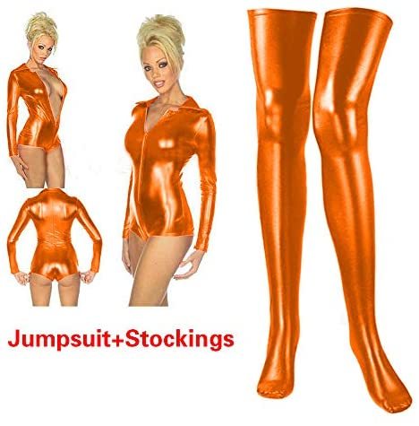 Plus Size Long Sleeve Jumpsuit Zipper Catsuit with Long Stockings