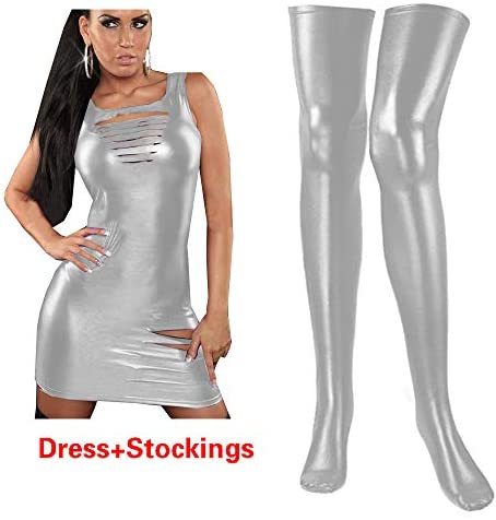Plus Size 2 Piece Women Ripped Mini Dress with Thigh High Stockings