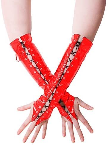 Black/Red Women Sexy Fetish PVC Fingeless Gloves Gothic Gloves