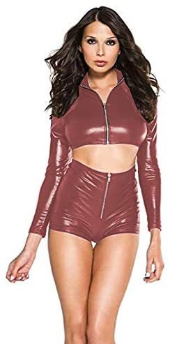 20 Colors Shiny Metallic Ladies Suit Zipper Long Sleeve Crop Top+Bodycon Shorts