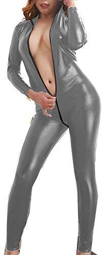 Plus Size Shiny Open Crotch Jumpsuit Lady Stripper Dancing Catsuit