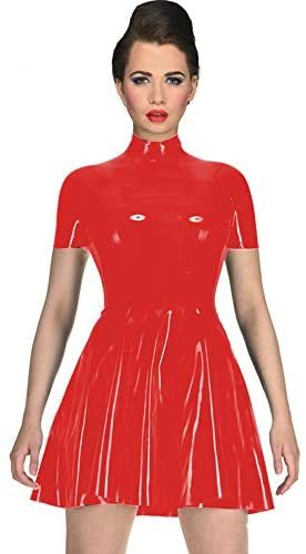 Plus Size High Neck Short Sleeves Dress Women A-line PVC Mini Dress