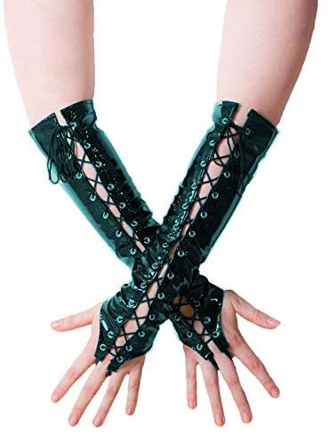 12 Colors Lace Up Long Fingerless Gloves Ladies Shiny PVC Hand Wear