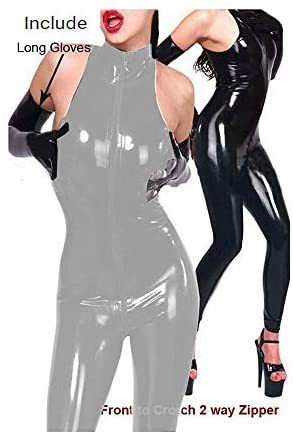Open Crotch Sleeveless Catsuit Women Faux Leather Jumpsuit + Gloves